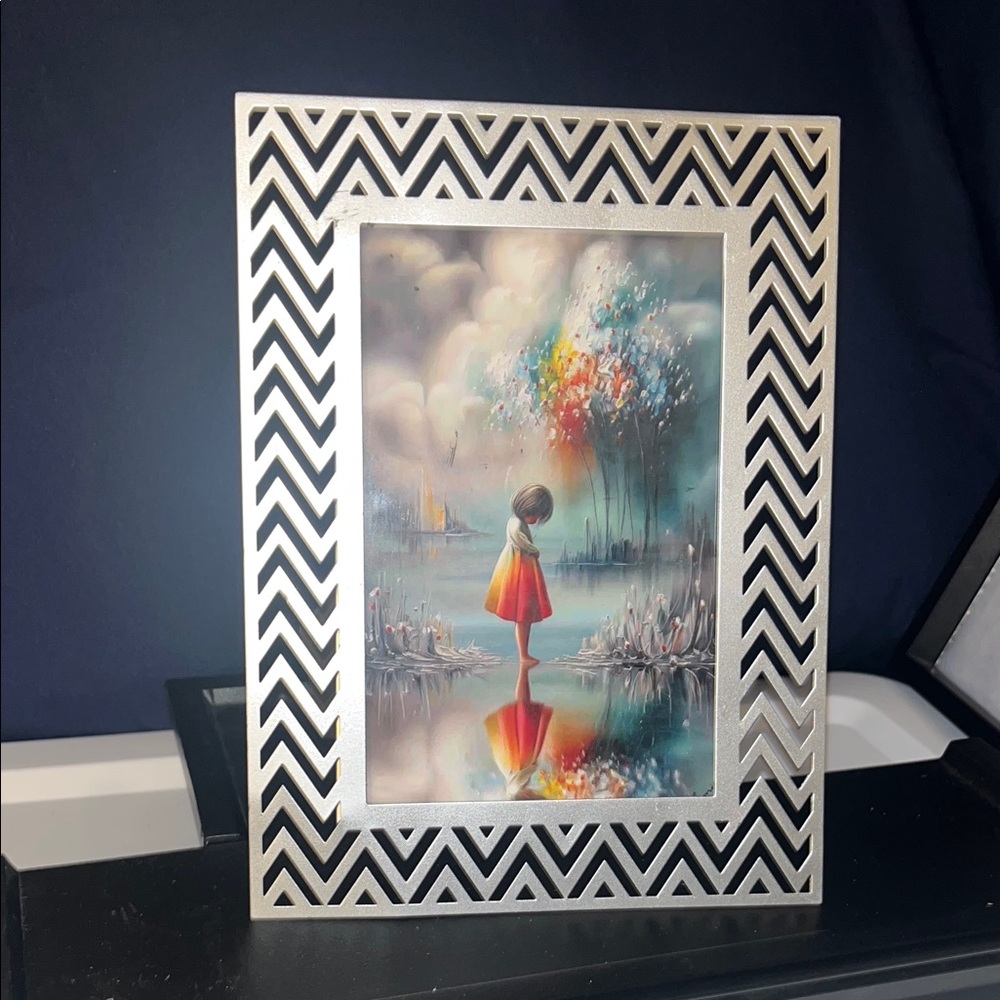 Silver Chevron Frame Art Print with Colorful Girl Illustration